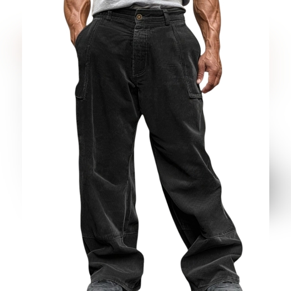 Men's Corduroy Cargo Pants Size 2XL Ouku Baggy Black Straight Leg Trousers